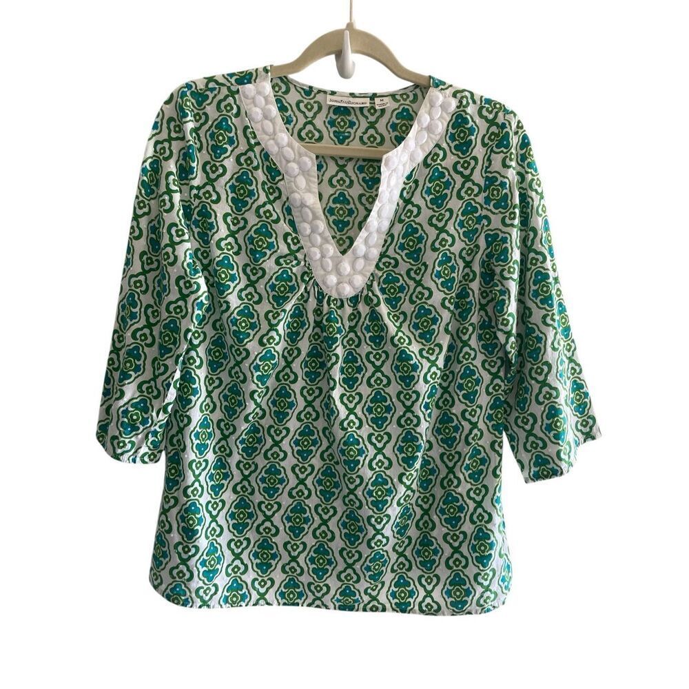 John Paul Richard Green White Swiss Dot Blouse Top Women’s Size Medium Pullover